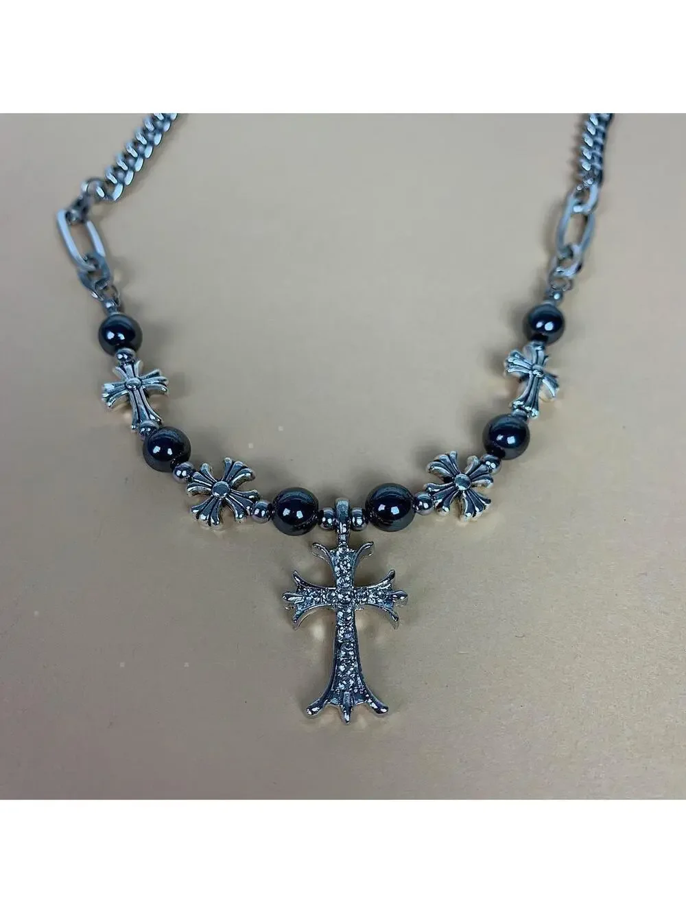 y2k 2000s style grunge chrome pearl rhinestone silver cross pendant Cuban link